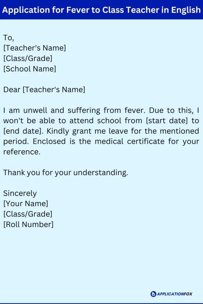 Application for Fever to Class Teacher in English