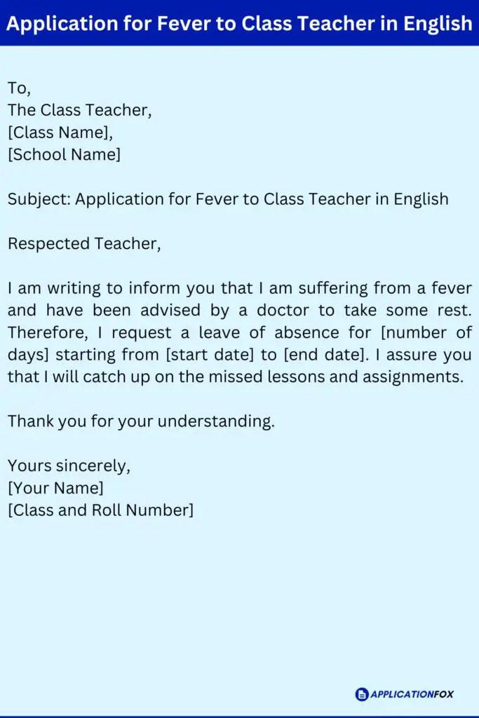 Application for Fever to Class Teacher in English