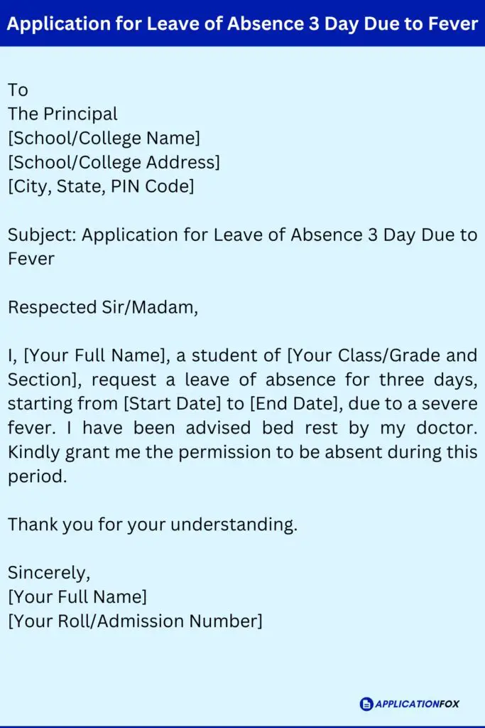 Application for Leave of Absence 3 Day Due to Fever