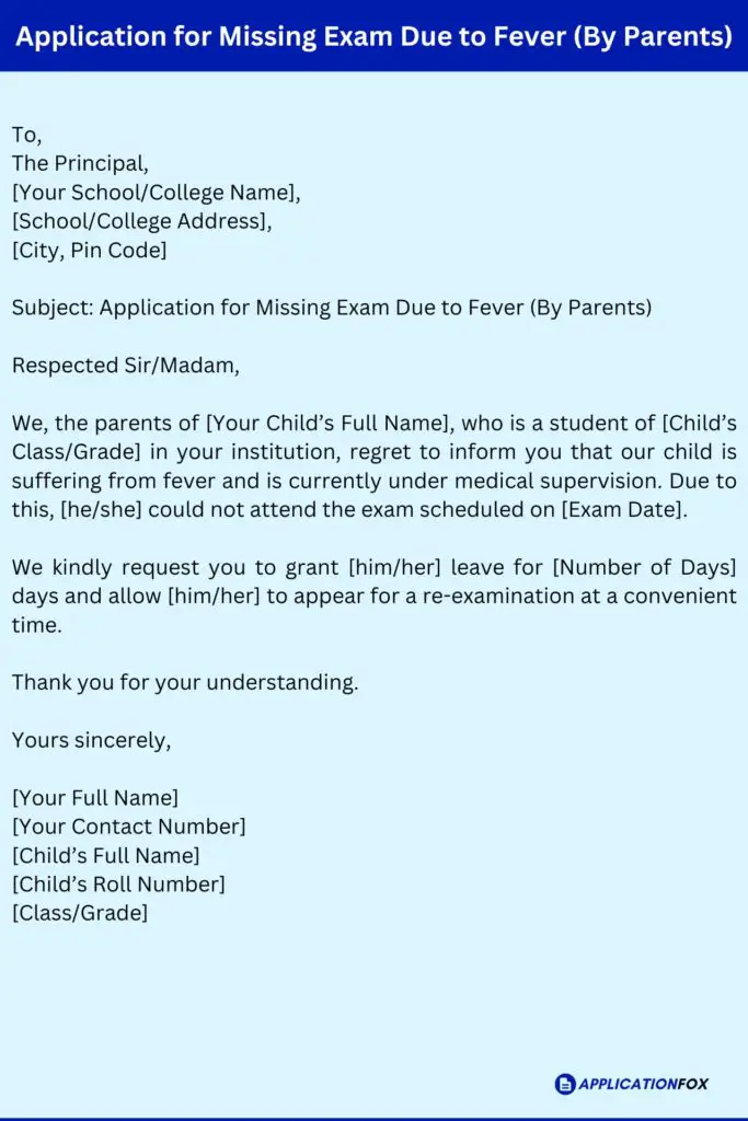 Application for Missing Exam Due to Fever (By Parents)