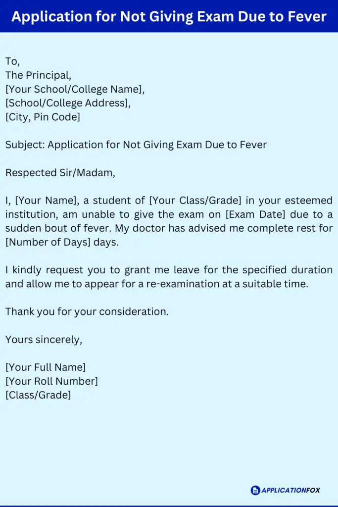 Application for Not Giving Exam Due to Fever