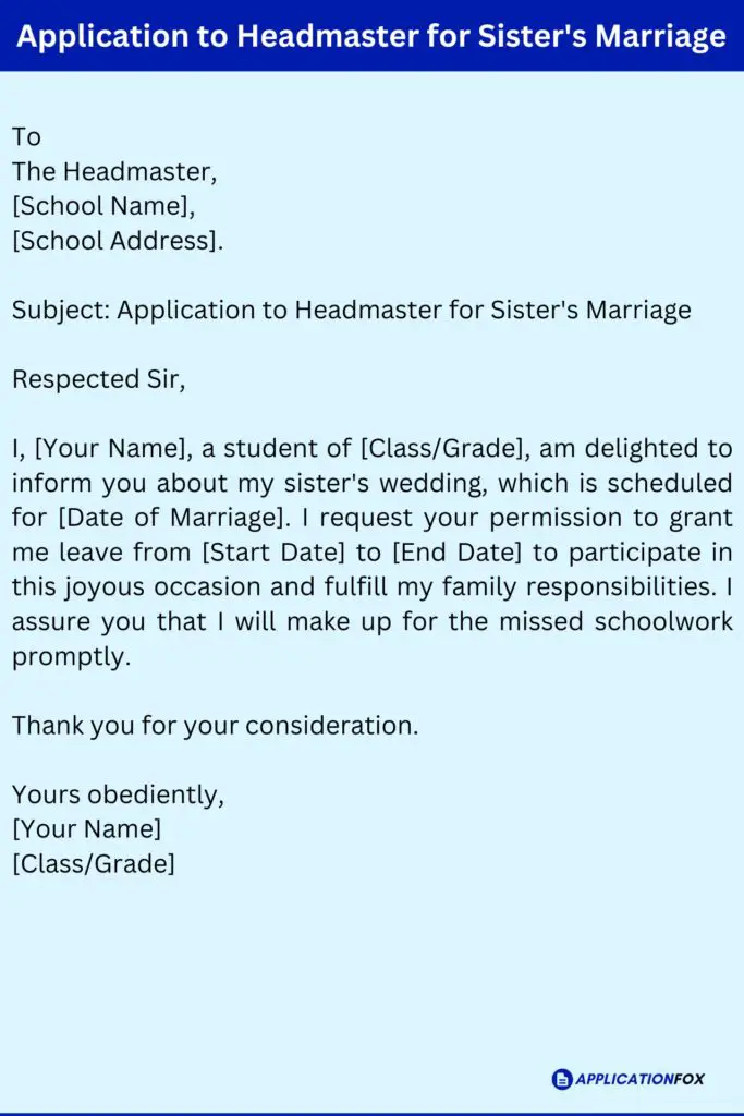 Application to Headmaster for Sister's Marriage