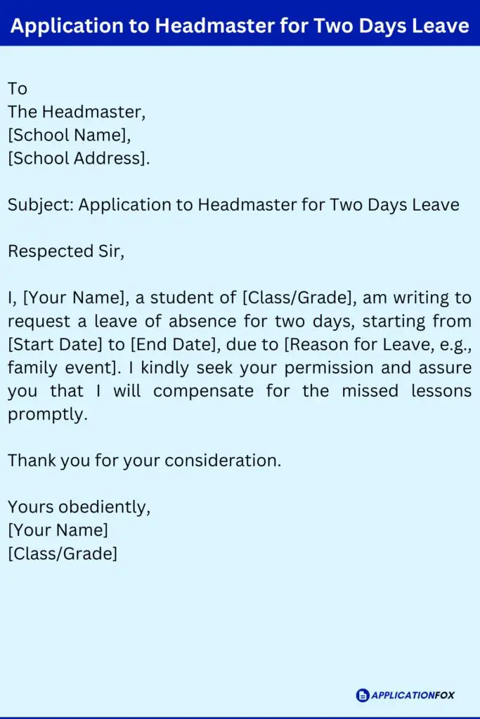 Application to Headmaster for Two Days Leave