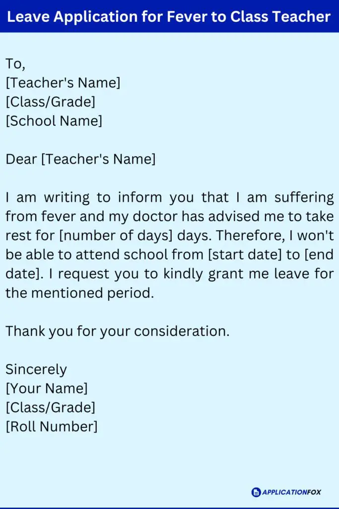 Leave Application for Fever to Class Teacher