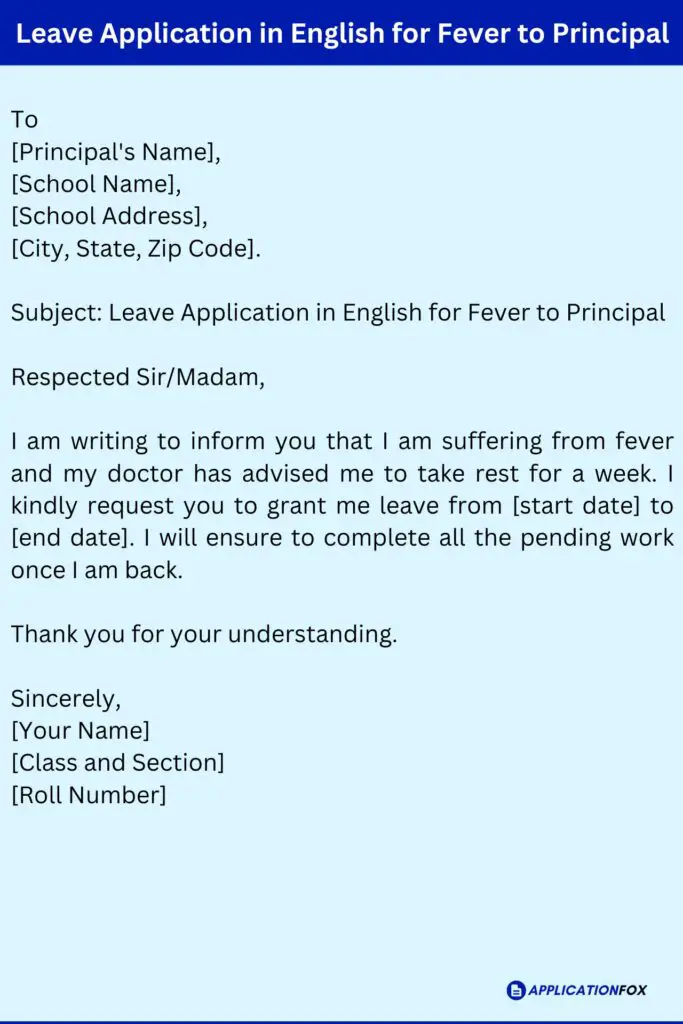 Leave Application in English for Fever to Principal