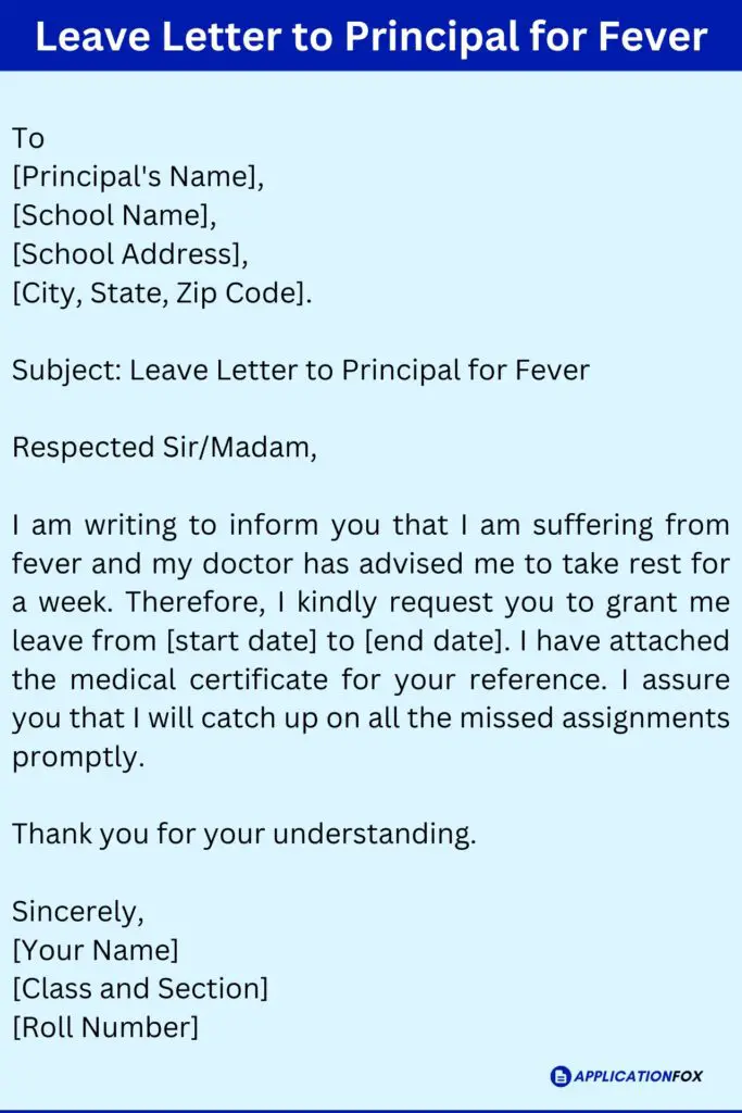 Leave Letter to Principal for Fever